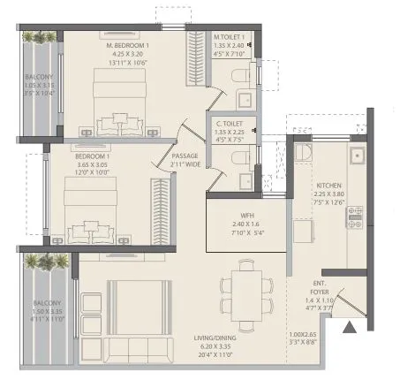 2 BHK Luxe Master Deck floor plan layout at K Raheja Vistas Mahalunge