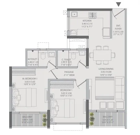 2 BHK Regalia floor plan layout at K Raheja Vistas Mahalunge