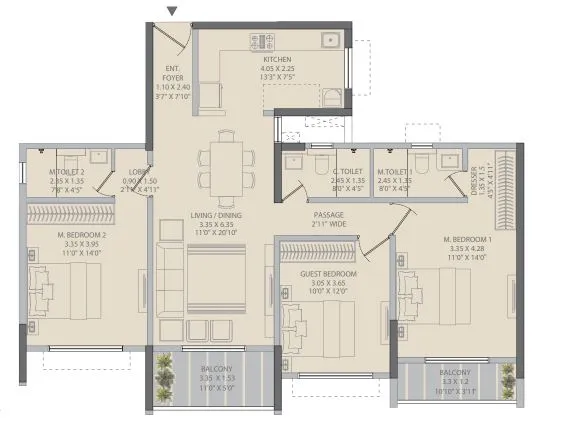 3 BHK Signature Deck Residence floor plan layout at K Raheja Vistas Mahalunge